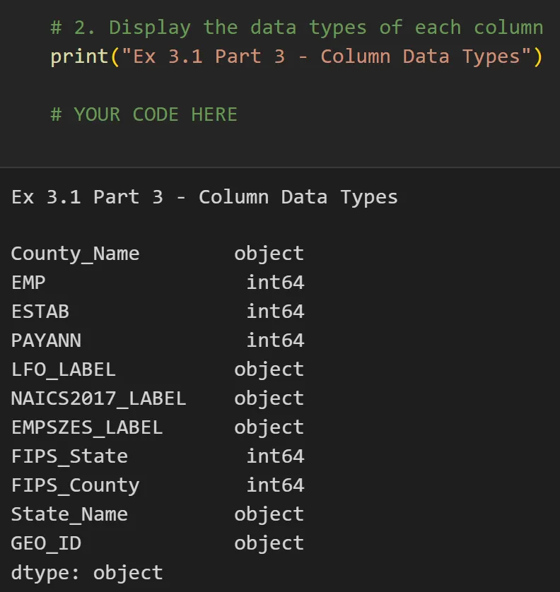 Expected output: DataFrame attributes including shape, dtypes, and info for the 30-row dataset