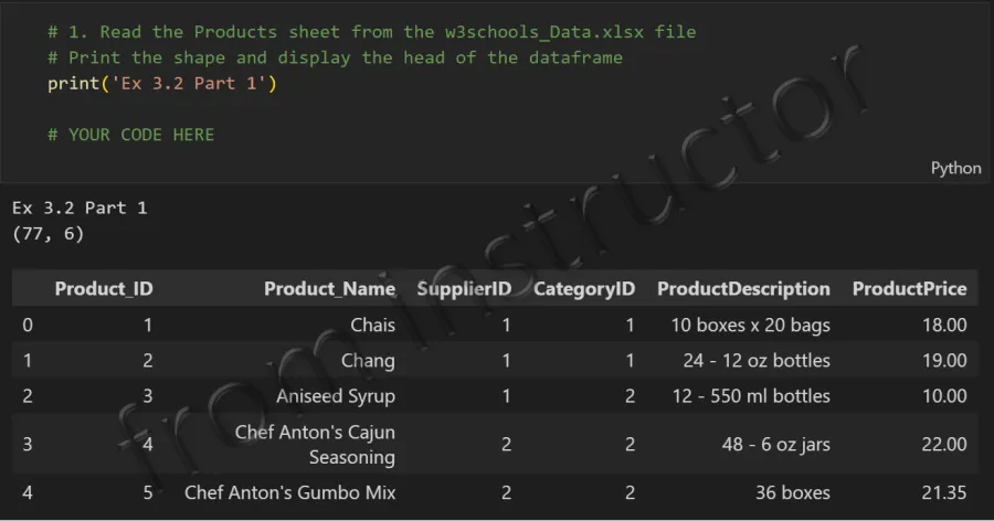 Expected output: pandas DataFrame loaded from Excel with 77 rows and 6 columns showing first rows