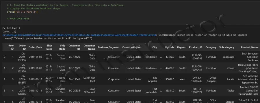 Expected output: pandas DataFrame loaded from Excel with 9,994 rows and 21 columns showing first rows
