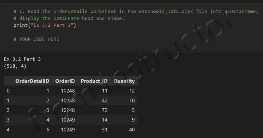 Expected output: pandas DataFrame loaded from Excel with 518 rows and 4 columns showing first rows