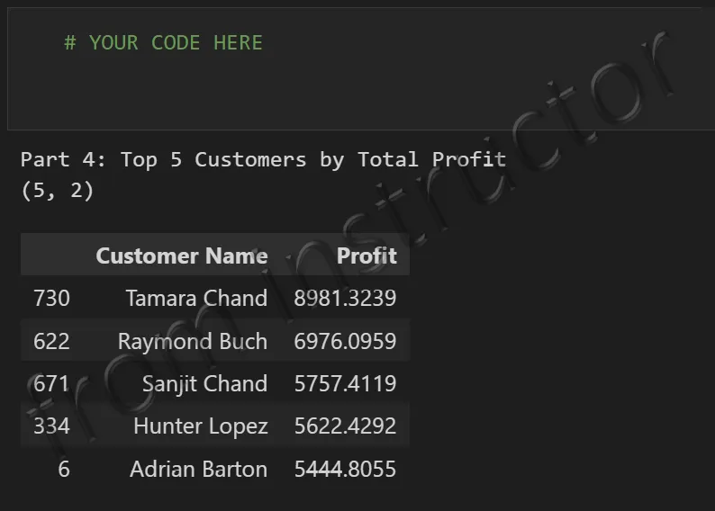 Expected output: pandas groupby DataFrame showing Top 5 Customers by Total Profits from Sample Superstore