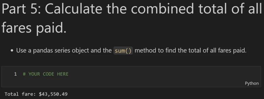 Expected output: Titanic passenger DataFrame summary answers to questions about the dataset
